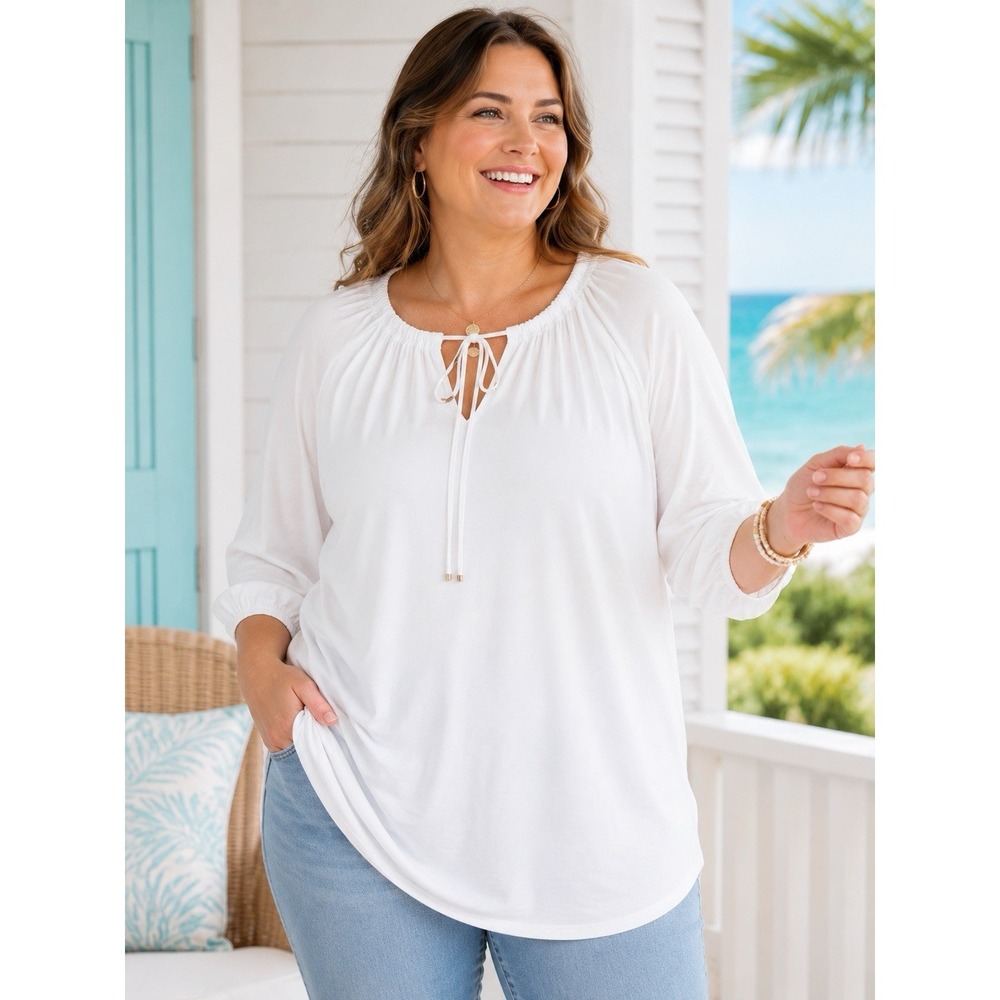 Lands' End 2X White Peasant Boho Tunic Top Tie Neck Modal Stretch Coastal